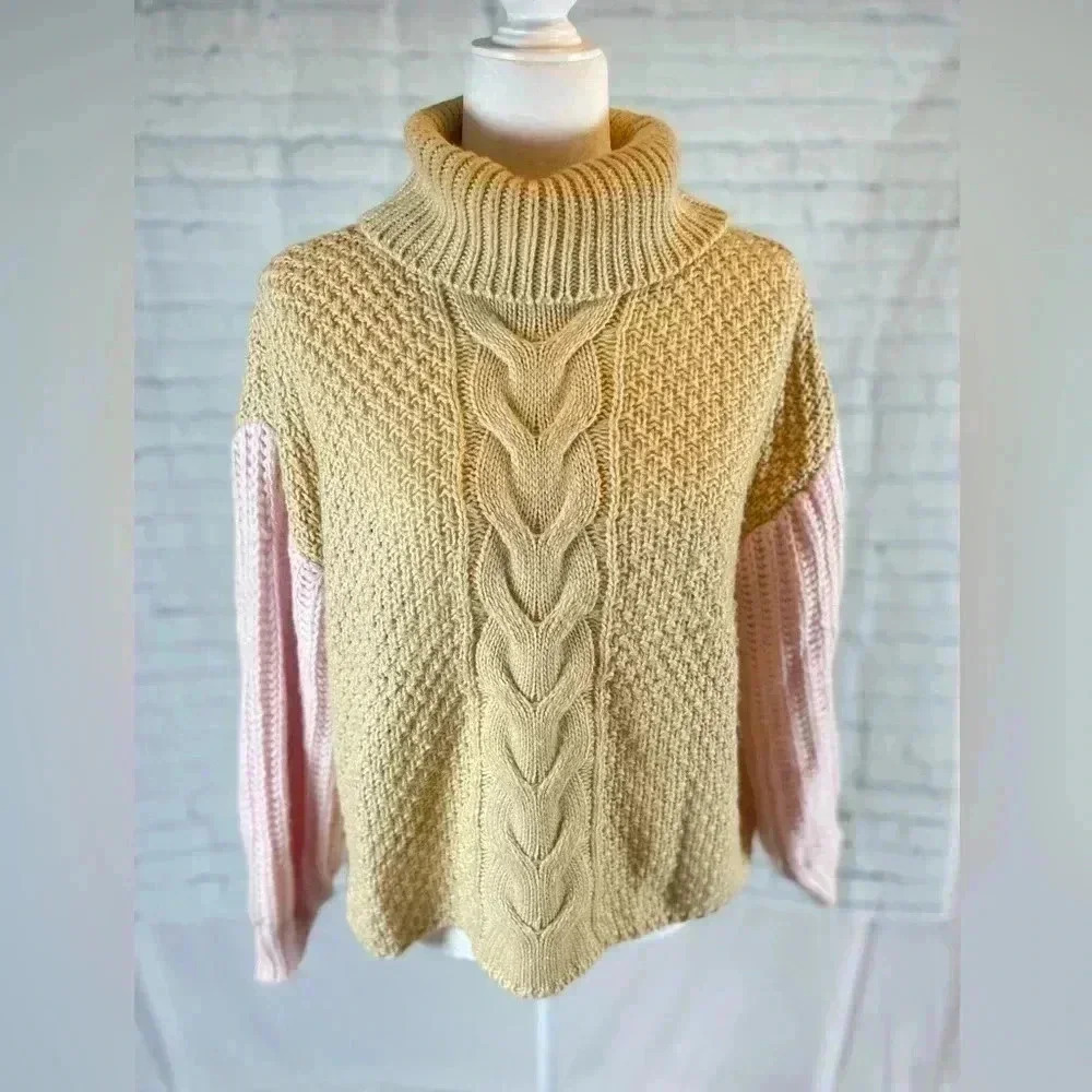 SHEIN pink and tan turtleneck knit sweater pull over woman’s size m classic